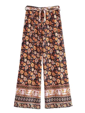Long Flare Pants Black-Brown Flowers